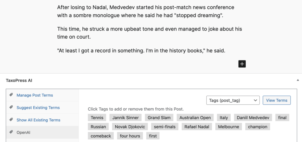 OpenAI analysis of a sports article