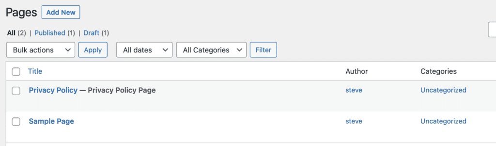 Categories visible on WordPress Pages