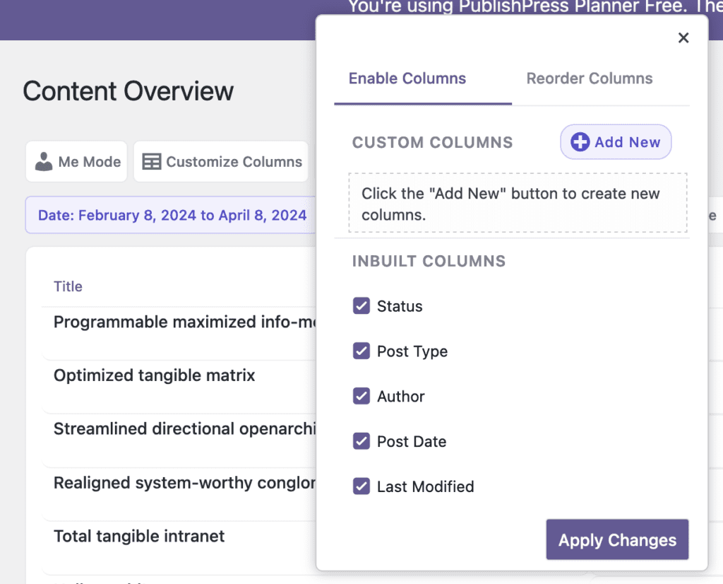 Column selection on the Content Overview screen