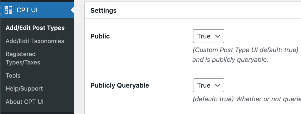 CPT UI plugin settings