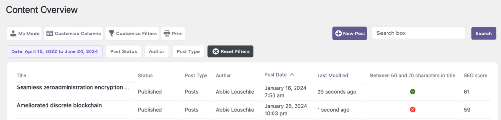 Content Overview with filters