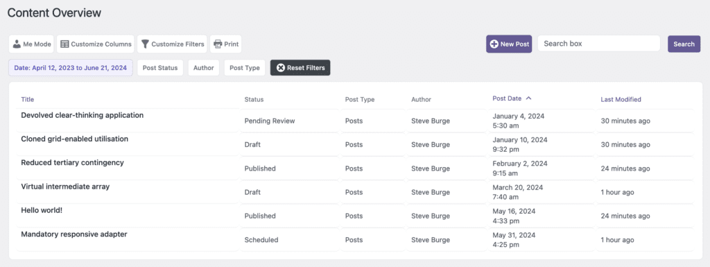 Content Overview screen