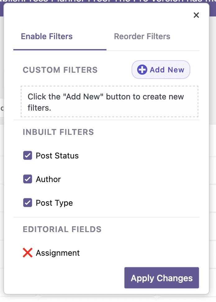 Content Overview filters modal