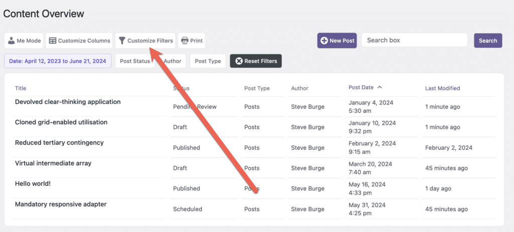 Content Overview filters