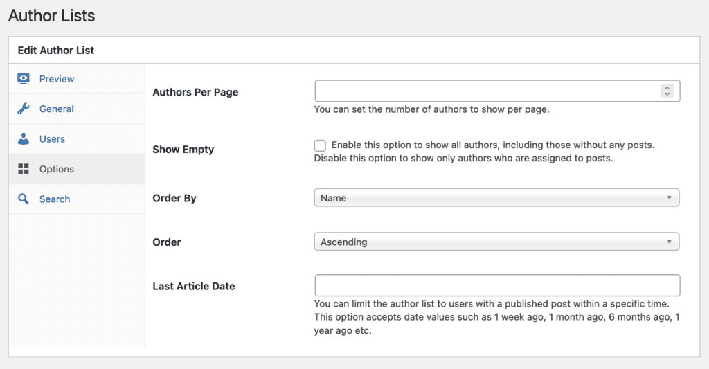 Author Lists Options tab