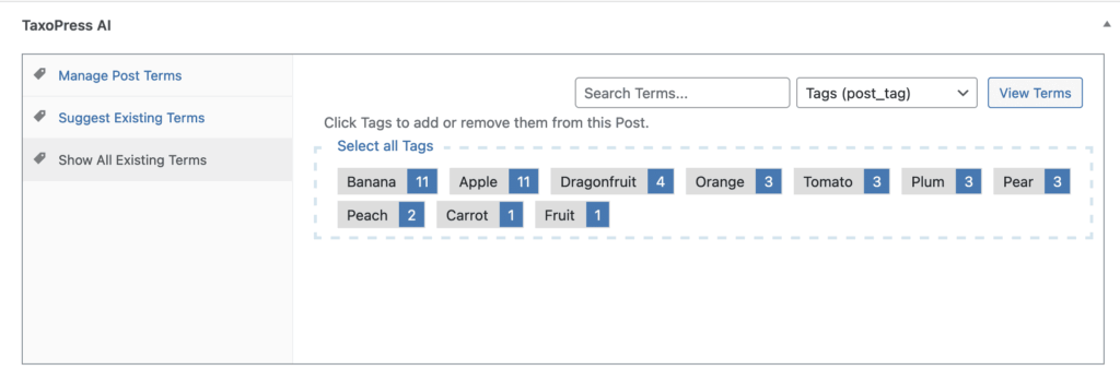 Show Existing terms feature