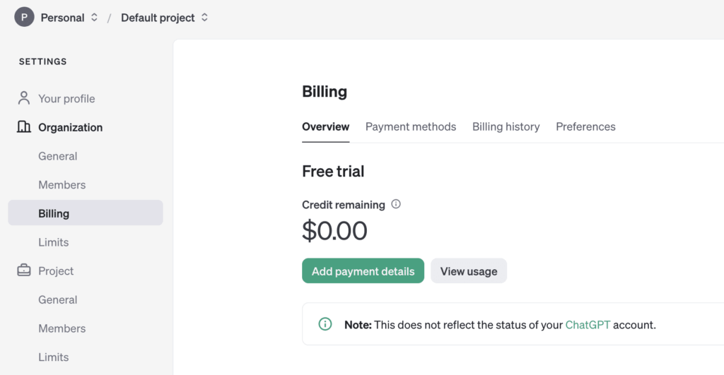 Add billing to the OpenAI account