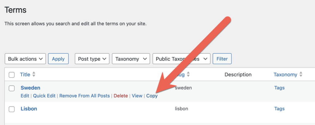 Copy Terms in the TaxoPress admin area