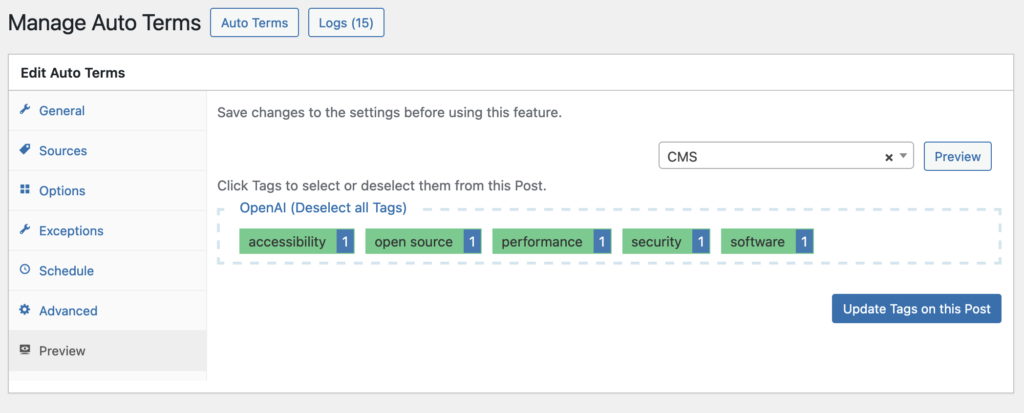 Preview results inside Auto Terms