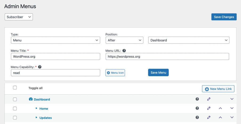 New WordPress admin menu link