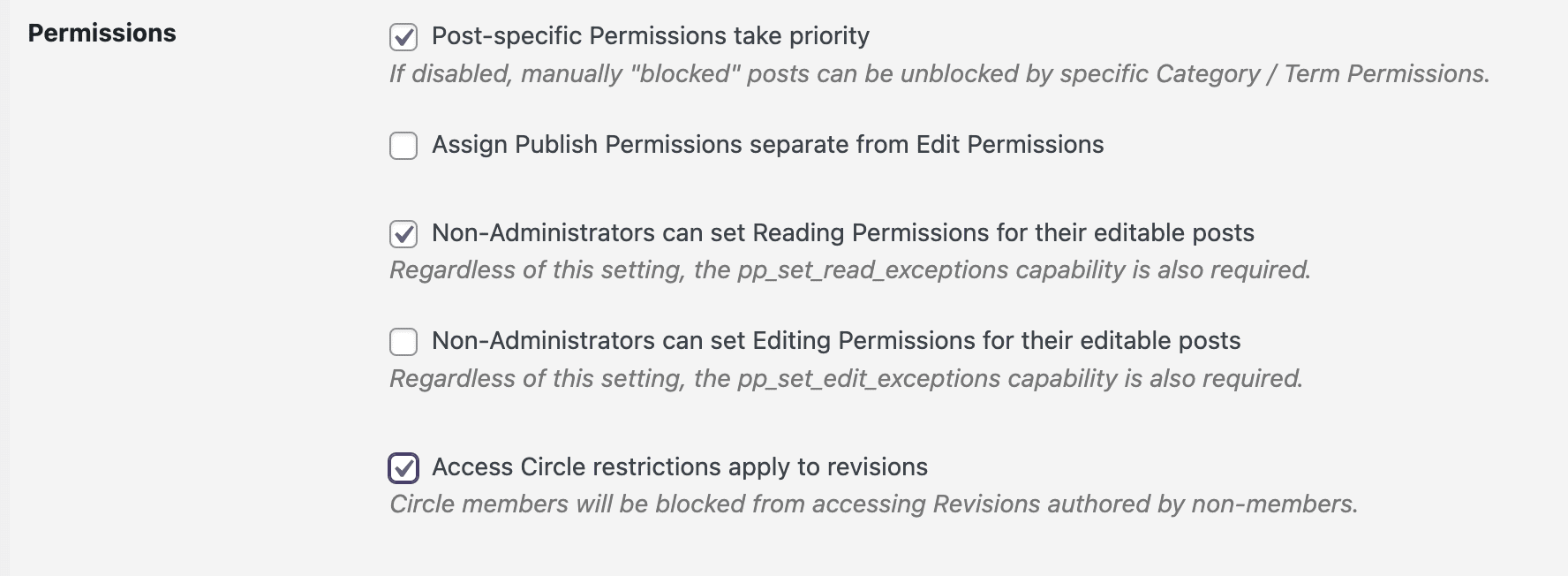 Revisions settings in Permissions