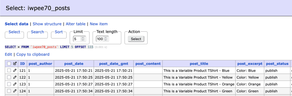 WooCommerce variable products in the WordPress database