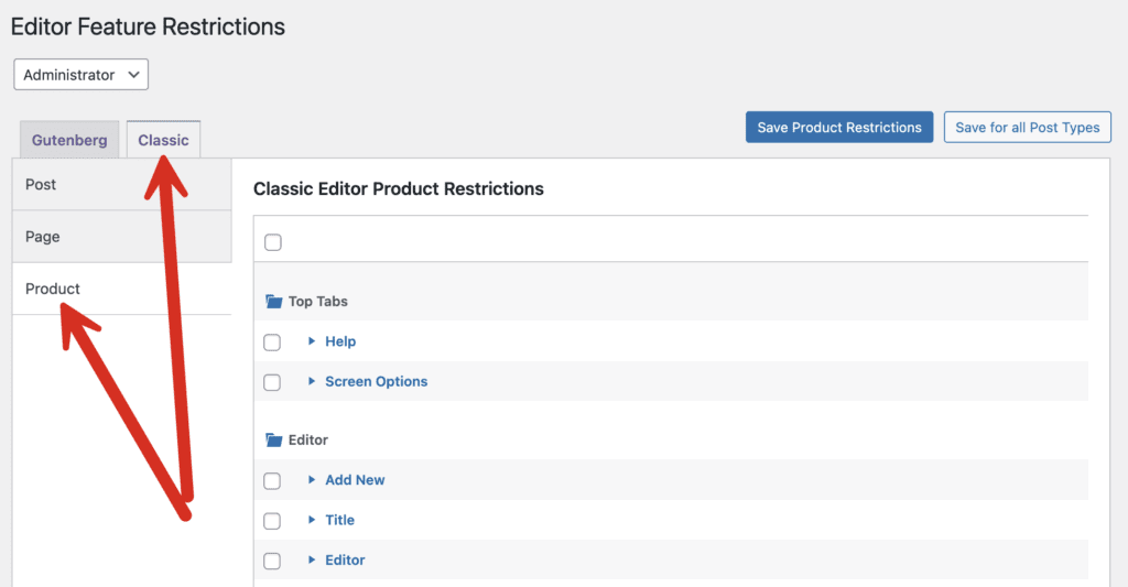 WooCommerce classic editor restrictions in Editor Features