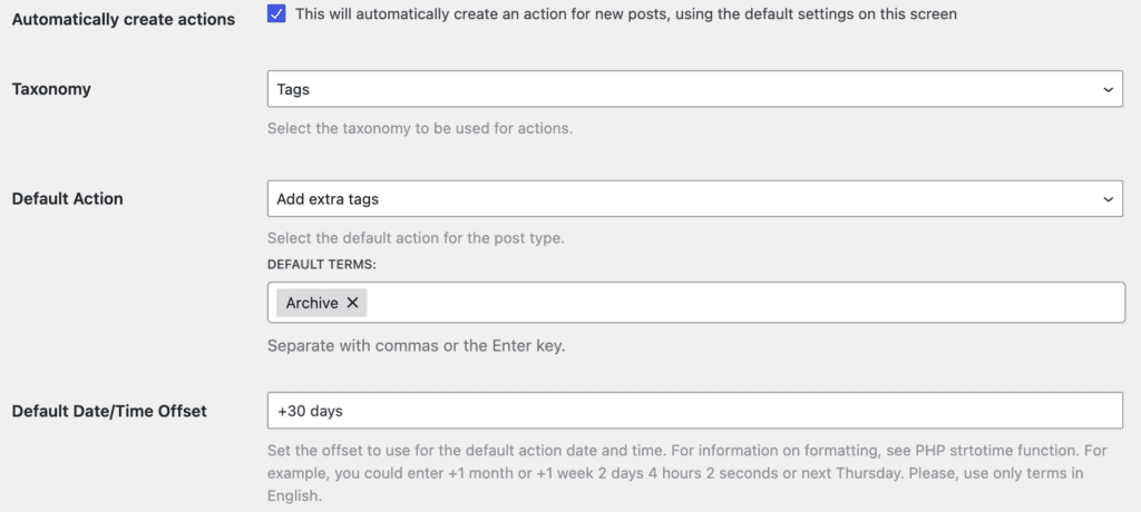 Automatically create actions in WordPress