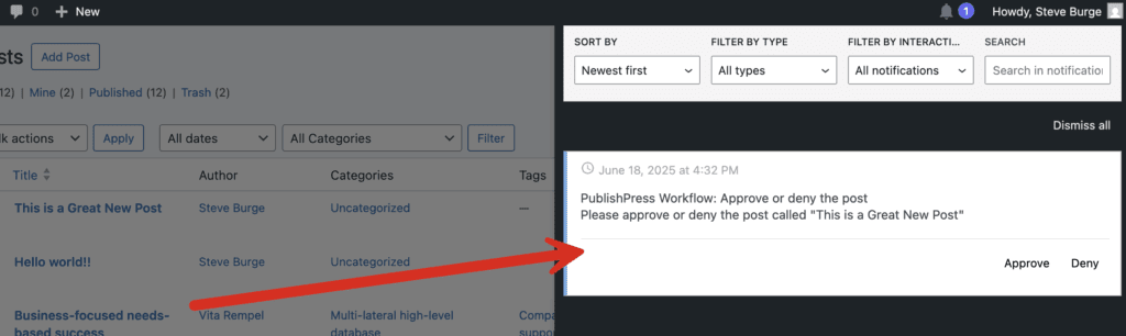 In-site notifications for approval