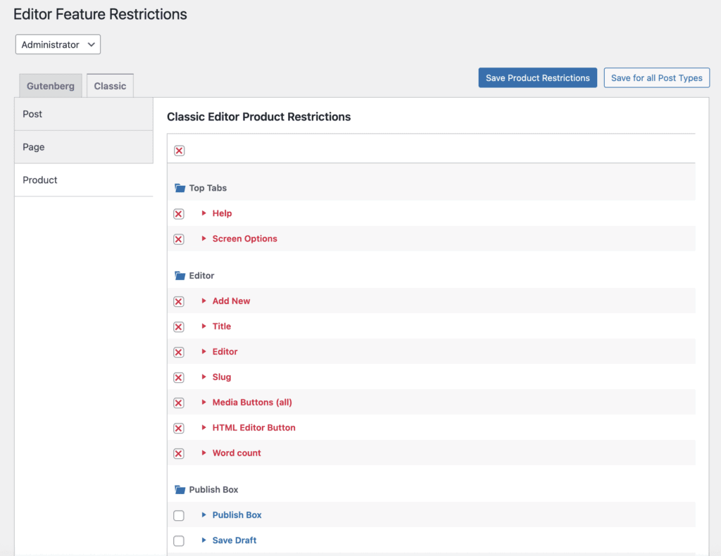 Editor Feature restrictions for WooCommerce products