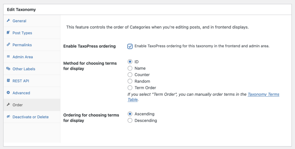 Custom taxonomy order