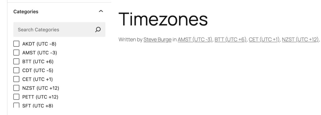 Timezones display of Categories
