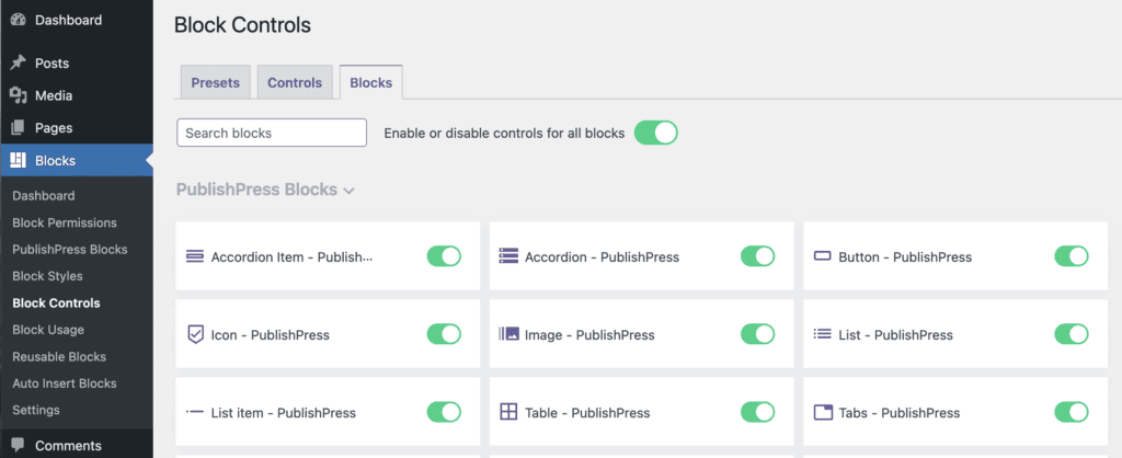 Block Controls enable or disable