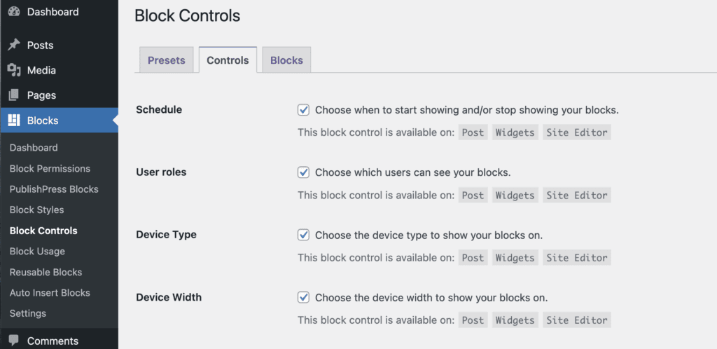 Block Controls tab