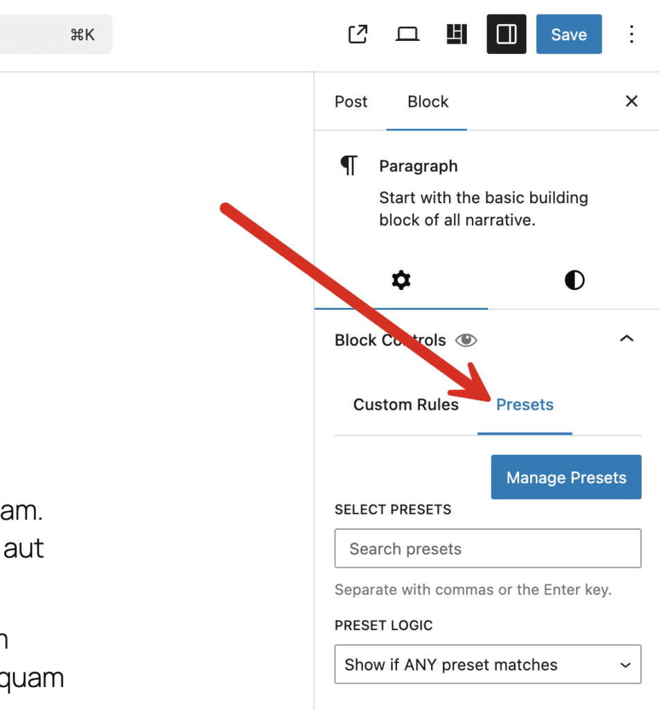 Presets tab for an individual block