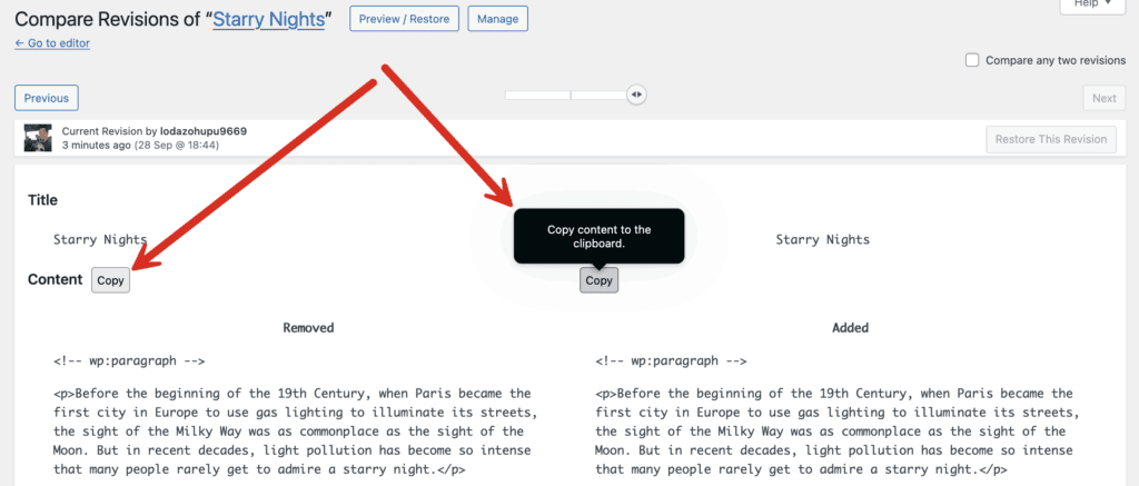 Copy the Revisions content