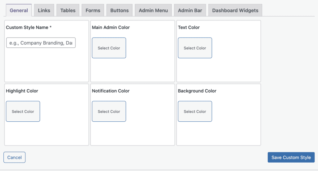 Admin Styles color options