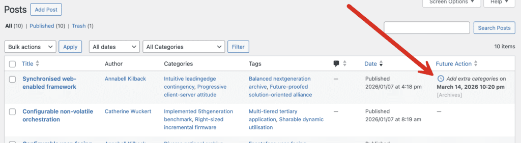 Future Actions column on the Posts screen