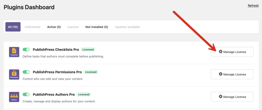 Manage License option in PublishPress Hub