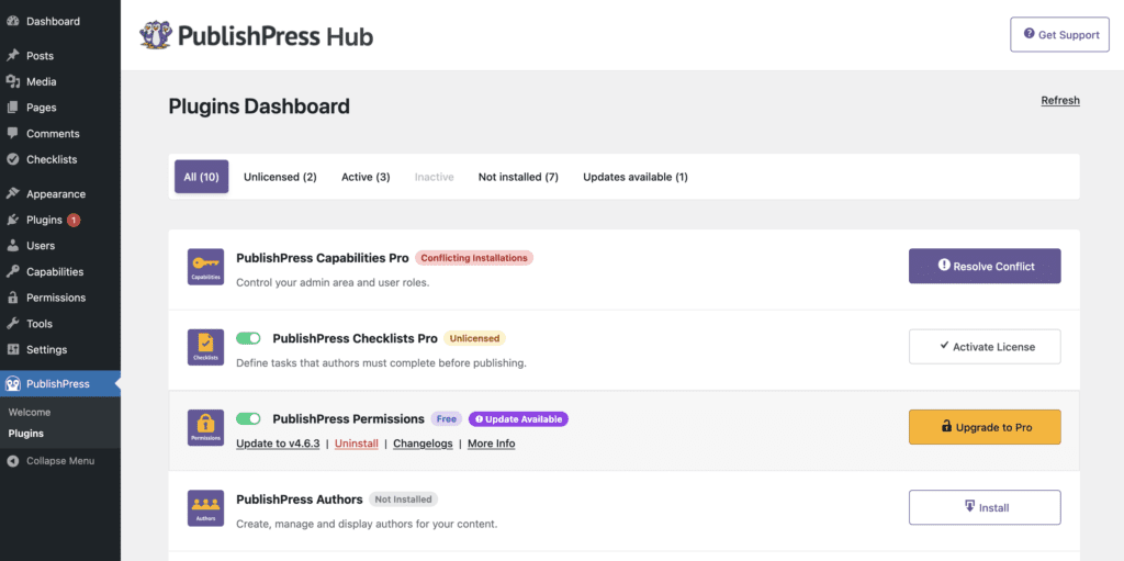 The PublishPress Hub in the WordPress admin area