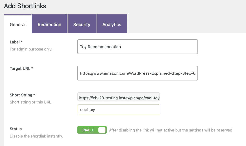 External URL in Shortlinks
