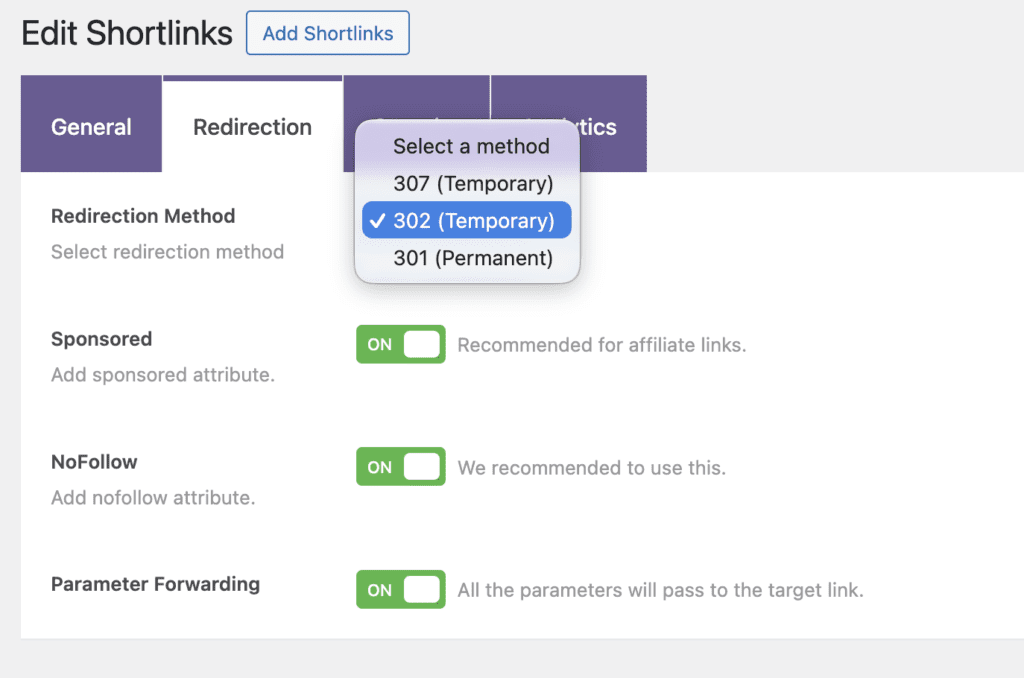 Redirect Options for Shortlinks