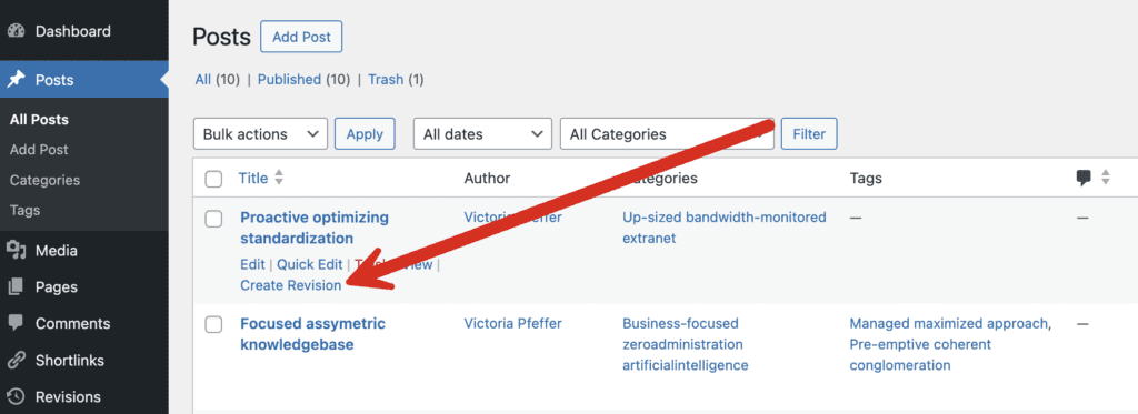 Create Revision link