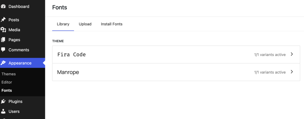 Fonts Screen in WordPress