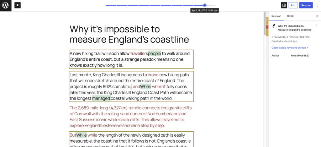 New version of the Revisions screen