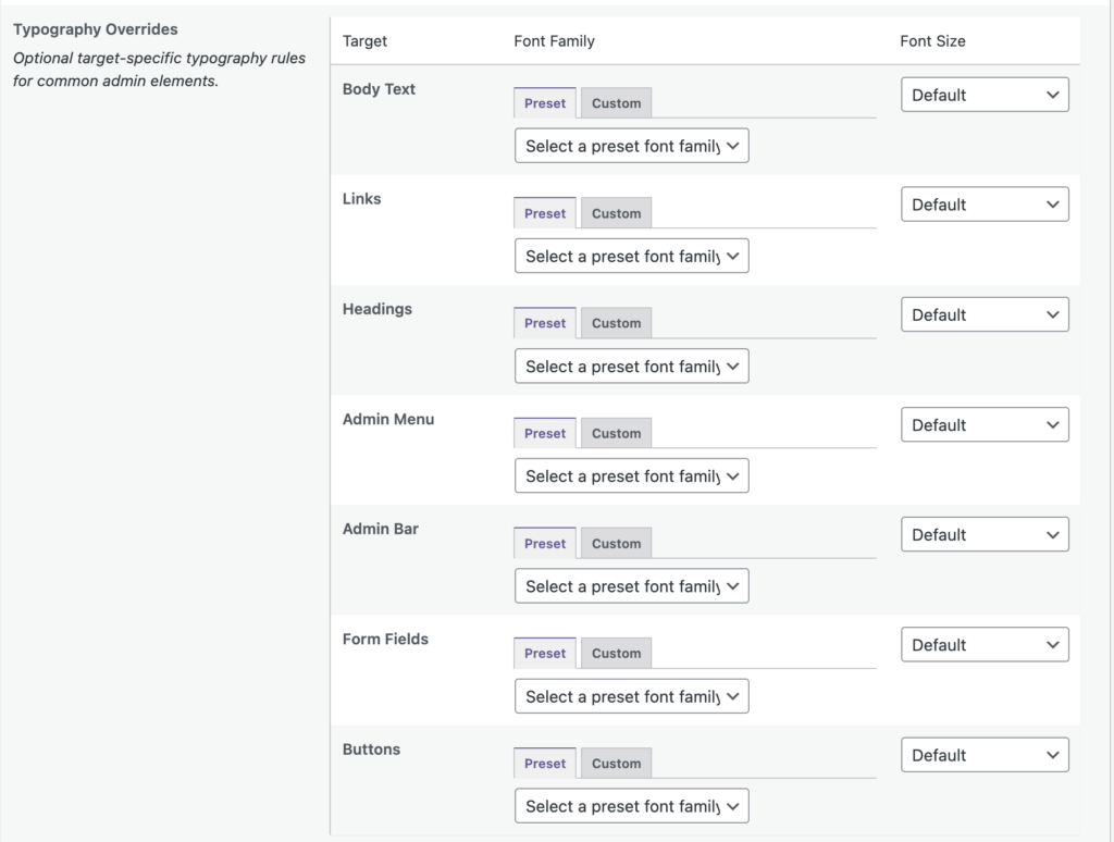 Custom font options for common admin elements