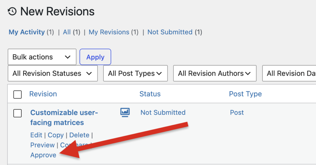 Approve link on New Revisions screen