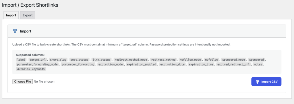 Import/export in Shortlinks Free