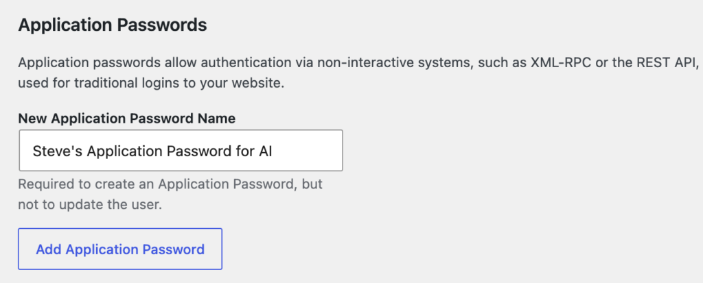 "Application Passwords" area