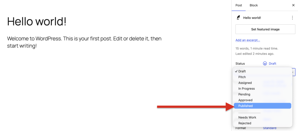 Published status in dropdown