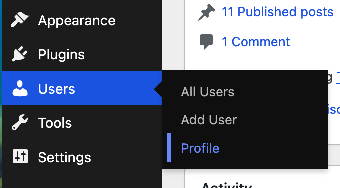User Profile admin menu screen