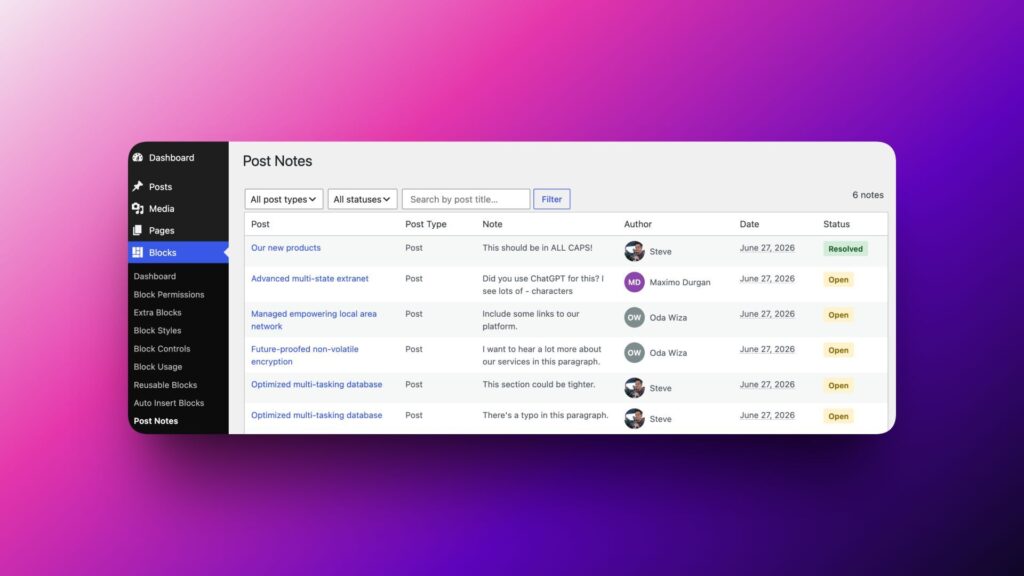 Notes feature in PublishPress Blocks