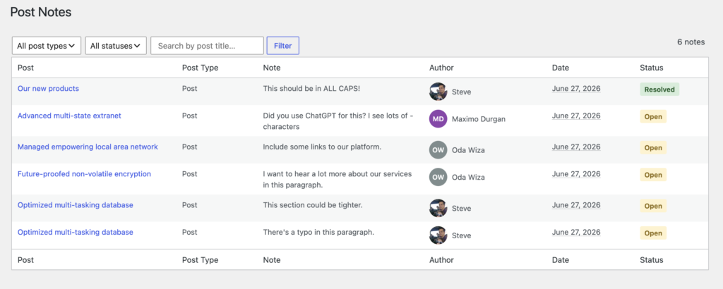 Post Notes screen in PublishPress BLocks