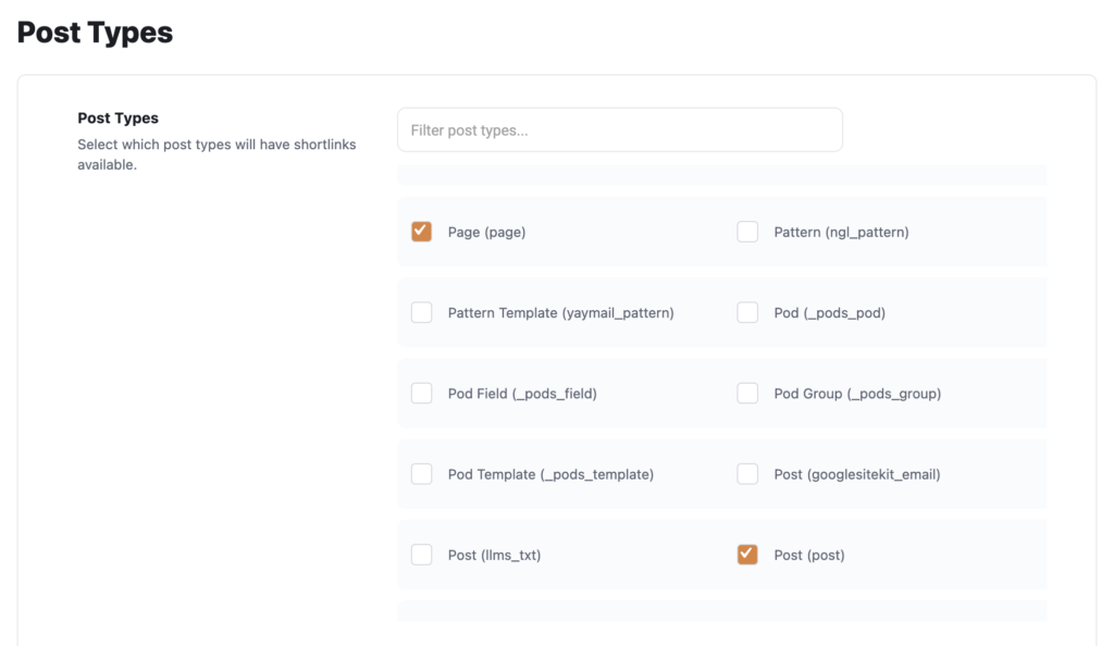 Post type settings for Shortlinks