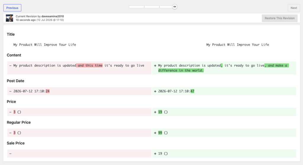 WooCommerce revisions for products
