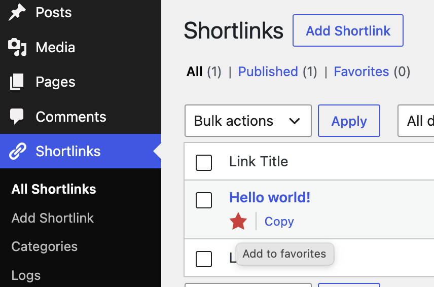 Favorites and Copy your shortlinks