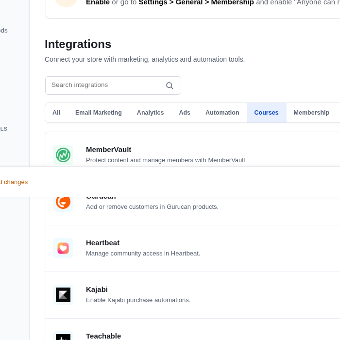 Course integrations listed in PublishPress Cart Settings, Integrations tab