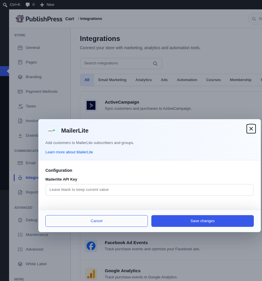 PublishPress Cart MailerLite API Key settings