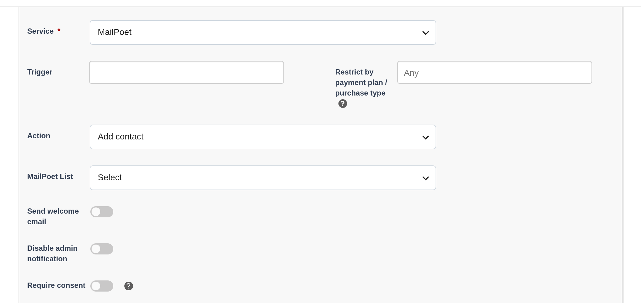 MailPoet integration settings in a PublishPress Cart product