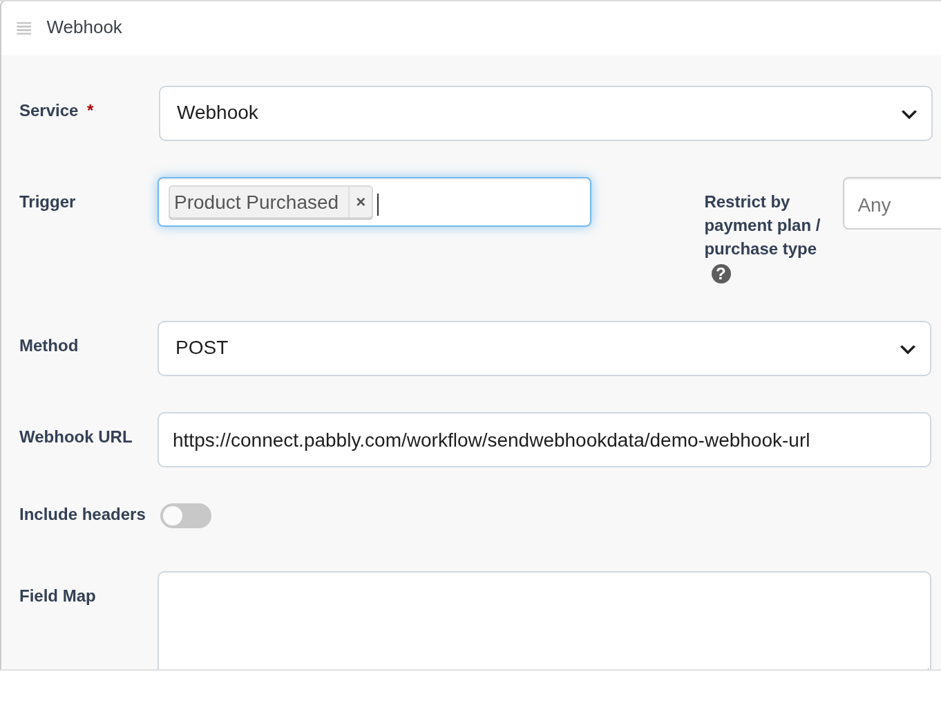 Webhook integration in PublishPress Cart product settings with the Pabbly Connect webhook URL